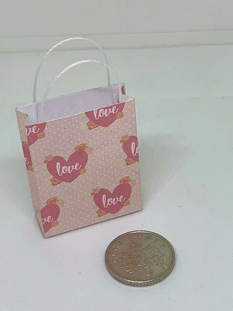 Handmade 1:12th Scale Dolls House Miniature Accessory Pink Love Hearts Gift Bag