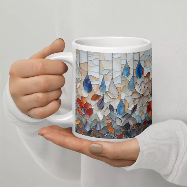 Rainy Day Ceramic Coffee Mug, 11oz, 15oz, 20oz, Floral Hot Tea Cup, Mosaic Print