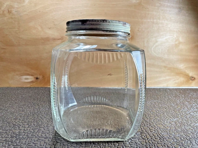 Vintage  Hoosier Cabinet Style Glass Square Canister Ribbed Corners Jar w Lid