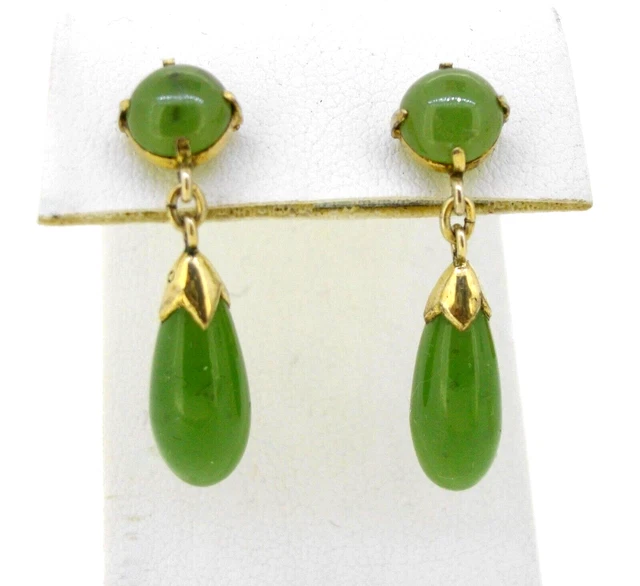Earrings Green Jade Teardrop Dangle Pierced Screw Backs