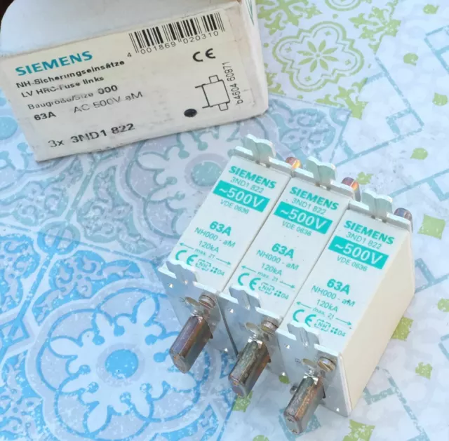 3X Siemens 3ND1822 fusible 63A taille 000 aM 500V Lot de 3