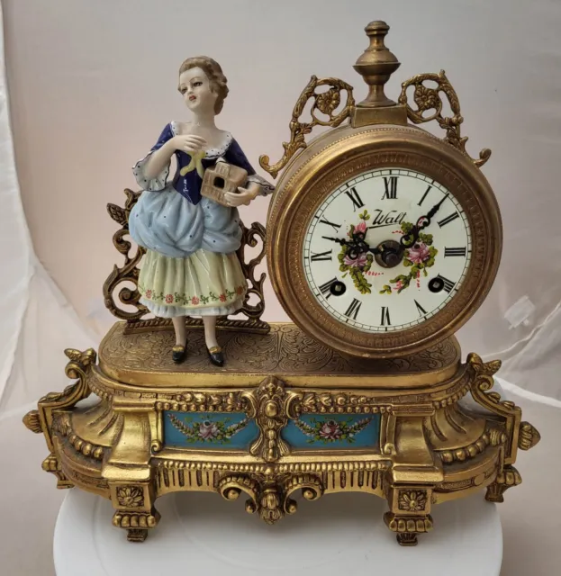 Antique French Ormolu Brass w/ Porcelain Lady Figurine Walt Mantel Clock -HEAVY