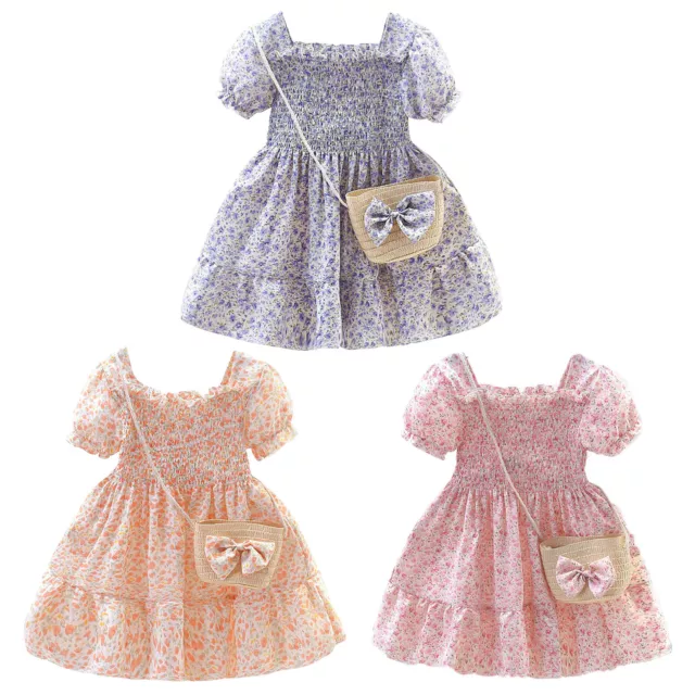 Neugeborenes Baby Mädchen Blume Prinzessin Kleid mit Stroh Schultertasche Sommerkleid 3