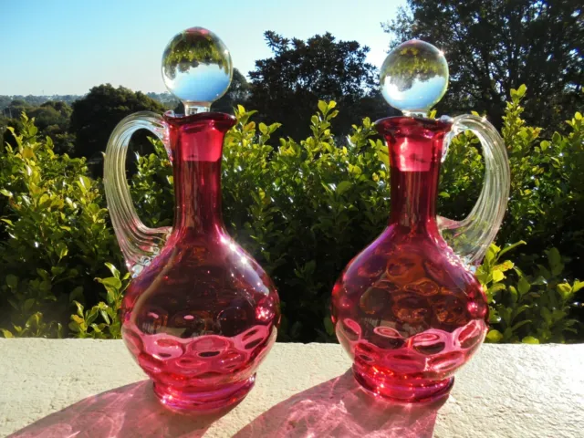 Pair Vintage Cranberry Glass Decanters