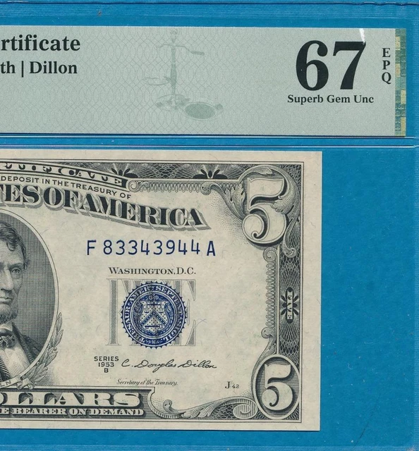 $5.00 1953-B  Blue Seal Silver Certificate  Pmg Superb Gem New 67Epq