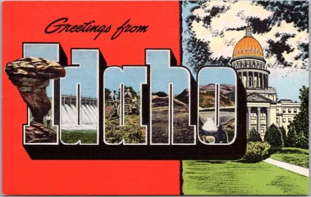 Vintage 1940s IDAHO Large Letter Postcard State Capitol View KROPP Linen Unused