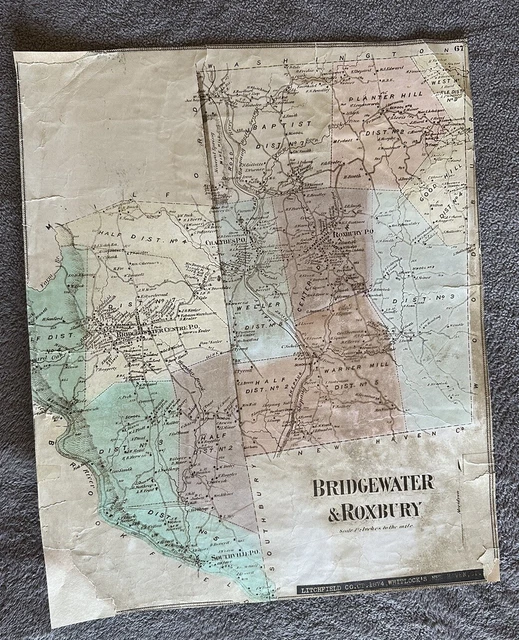 Bridgewater Roxbury  CT 1874 original colored map. Shows homeowners names.