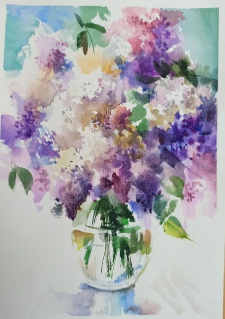 Acuarela ORIGINAL Ramo de Lilas en florero 11''/8''
