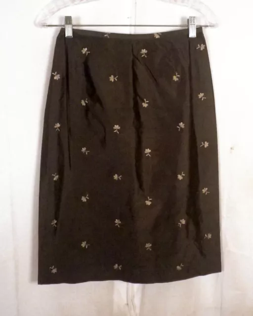 euc Banana Republic shiny Brown Silk Embroidered Pencil Skirt sz 4