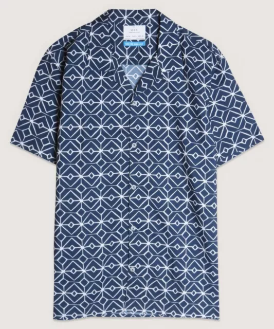 NAVY BLUE MENS Button Up Large Size Geo Print Camp Shirt Short Sleeve S ...