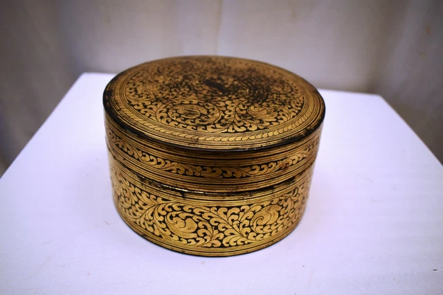 Antique Burmese Betel Nut Box Gilt Lacquerware Myanmar Floral Gold Painted Old"3 10