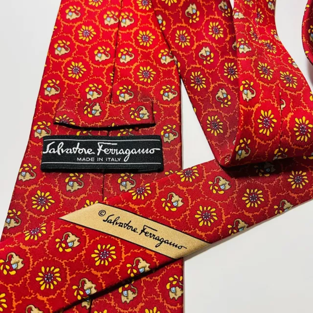 Salvatore Ferragamo Red Silk Designer Tie w Brown Elephants 58.5x3.75”