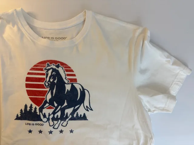 LIFE IS GOOD white "HORSE" crusher tee Tshirt Men's L NEW