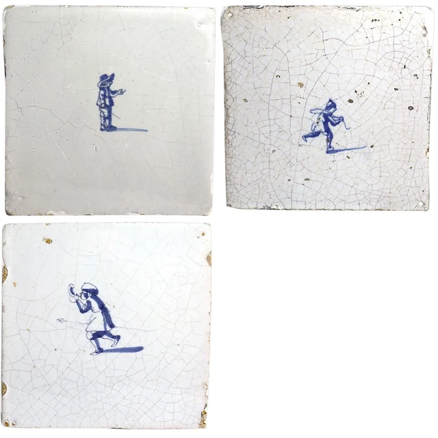 Set 3 Antique Dutch Delft Blue & White Pottery Square Figural Tiles 19th century