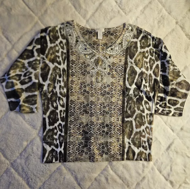 Chicos Top Sz 1 Women's Medium Embellished Animal Print 3/4 Sleeve V Neck Blouse