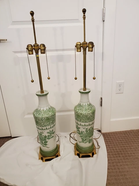 Marbro Chinese Porcelain Urn Lamps, Green Flowers with Double Sockets, A Pair