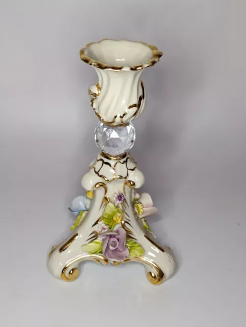 Vintage Signed Capodimonte Italy Porcelain Candle Stick Holder Roses Wedding