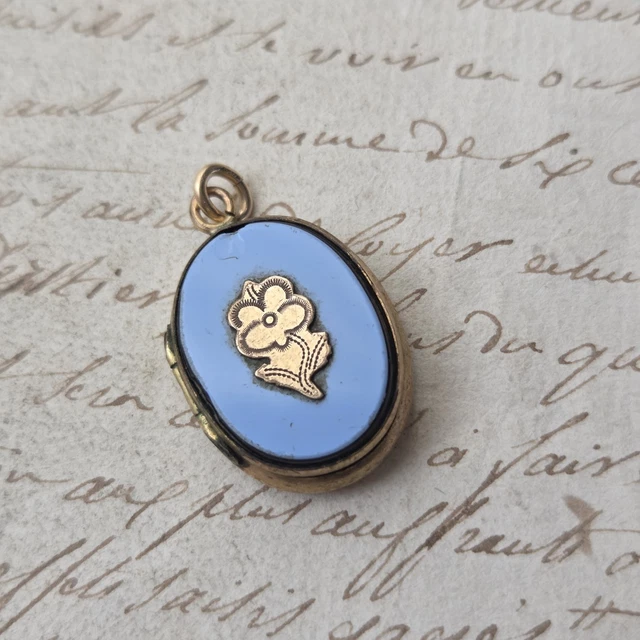 Pendentif Ancien Plaqué Or Avec Cabochon Et émail De Limoges Fleuri - Occasion Vintage