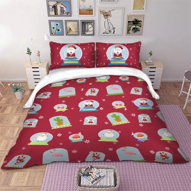 Christmas Gift Santa Claus Doona Duvet Quilt Cover Set Bedding Linen Pillowcases 2