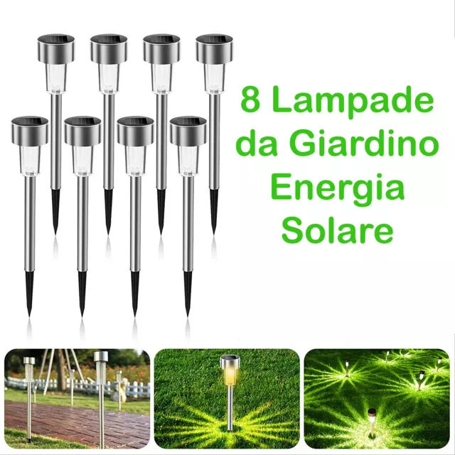 8 Lampade Da Giardino Crepuscolare Esterno Ricarica Solare Picchetto Paletti Led