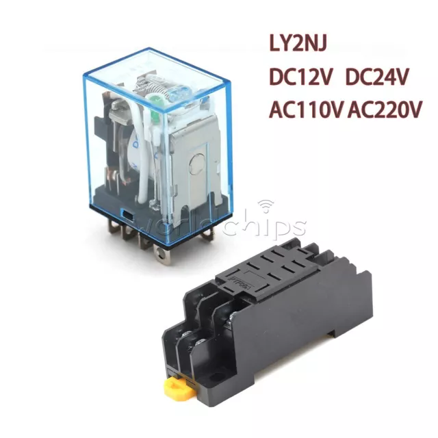 12V 24V 110V 220V AC/DC Coil Power Relay LY2NJ DPDT 8Pin HH62P JQX-13F + Base US 2