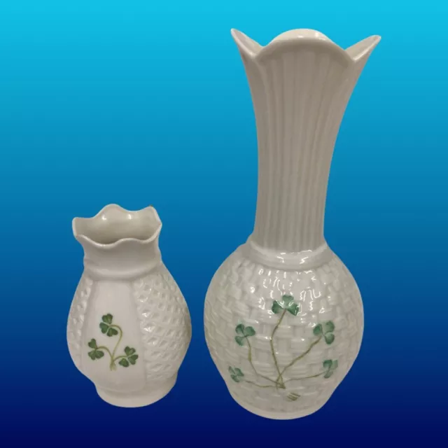 BELLEEK SHAMROCK SPERRIN VASE (blue mark) & Donegal vase Ireland Basket Weave 🍀
