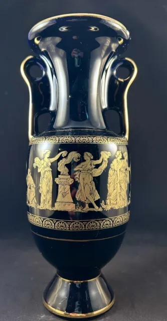 TP® Black & Gold Repro Greek Vase/Urn Handmade in Greece w/ 24k Gold 9” Chipped