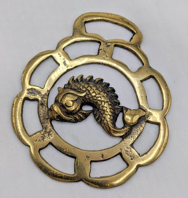 Brass Horse Medallion Vintage English Koi Fish Affection Geo Show Parade Bridle