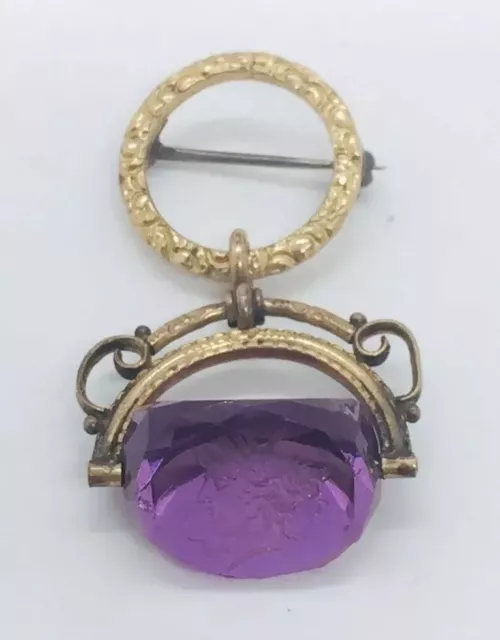 Antique Victorien or Jaune Rempli Verre Violet Intaglio Pivot Fob Montre Broche