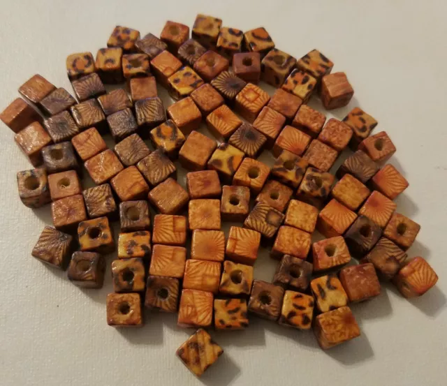 100 Small 8mm Cube Square Ethnic Pattern Wood Micro Macrame Craft Jewelry Beads
