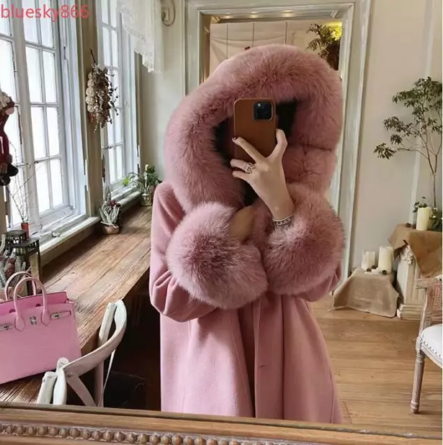 Women Winter Fox Fur Collar Hooded Long Overcoat Loose Wool Cashmere Warm Coats