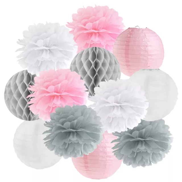 Hängedekoration 12 teilig Pompoms Lampions Wabenbälle Mix rosa / grau / weiß