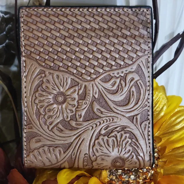 Western wallet Genuine Leather floral embossed Bifold basket weave beige