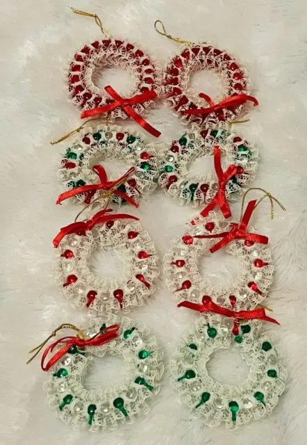 Christmas Wreath Ornament (8) Vintage Beaded Handmade Plastic Beaded
