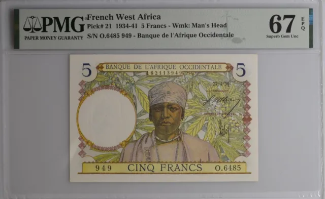 1934-41 French West Africa 5 Francs P-21 PMG 67 EPQ Superb Gem UNC