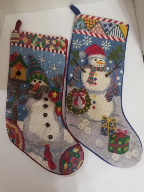 Vintage Hand Made Wool Needle Point Snowman Christmas 20" Stocking Set Of 2