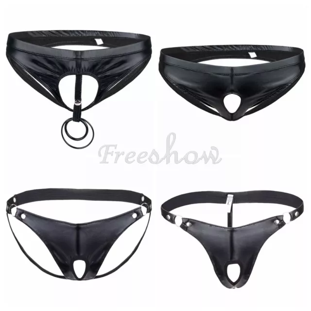 New Sexy Men's Faux Leather Underwear Shorts Briefs Jockstrap Penis Hole Panties