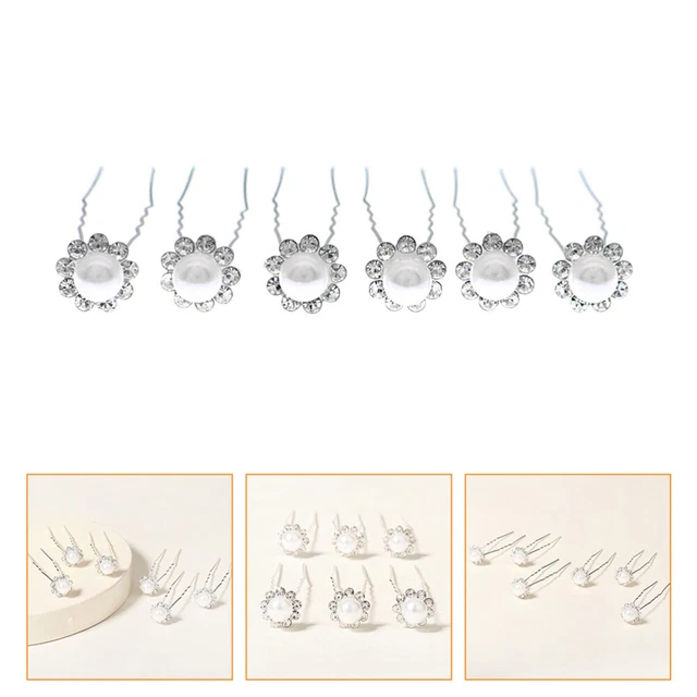 6 Pcs U-förmige Perlenhaarnadel Strasssteine Brauthaar Silver