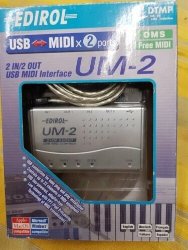 EDIROL UM-2 2x In 2x Out USB Midi Interface in original box with USB cable & CD