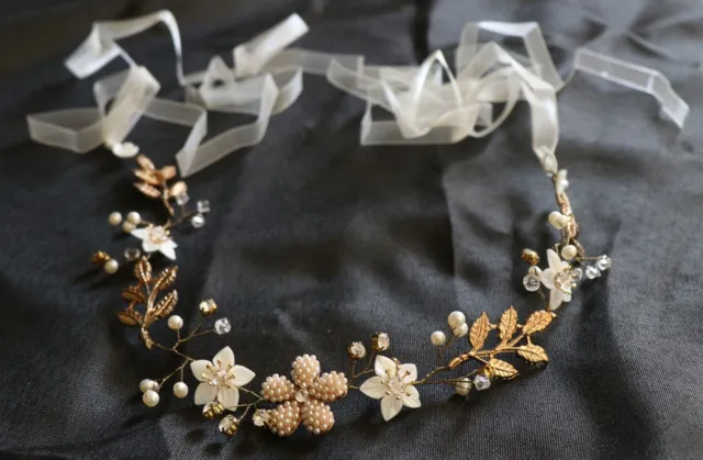 Bridal wreath headband crown wedding garland gold leaves pearls crystals rhine