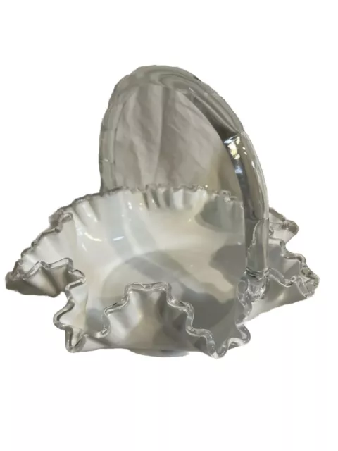 Fenton Lg Bridal Basket Silver Crest White Milk Glass Ruffle Rim 9.75" x 11.75" 2