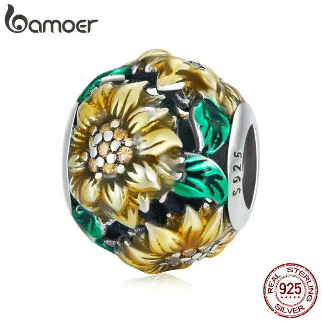 Bamoer Women Authentic 925 Sterling Silver Sunflower CZ Bead Charm Fit Bracelet