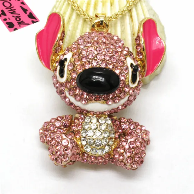 Hot Fashion Women Pink Big Ear Alien Animal Crystal Pendant Chain Necklace
