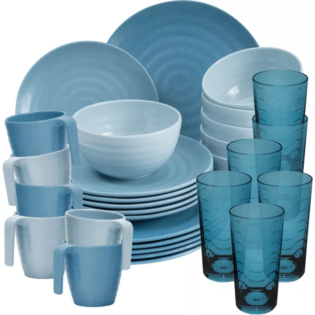 Melamin Geschirr Set Blau 6 Personen 30 Teile Campinggeschirr Acryl Trinkglas