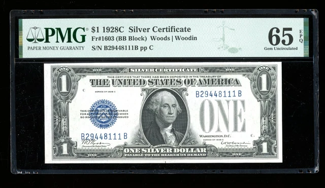 DBR 1928-C Rare $1 Silver Funnyback Gem Fr. 1603 PMG 65 EPQ Serial B29448111B