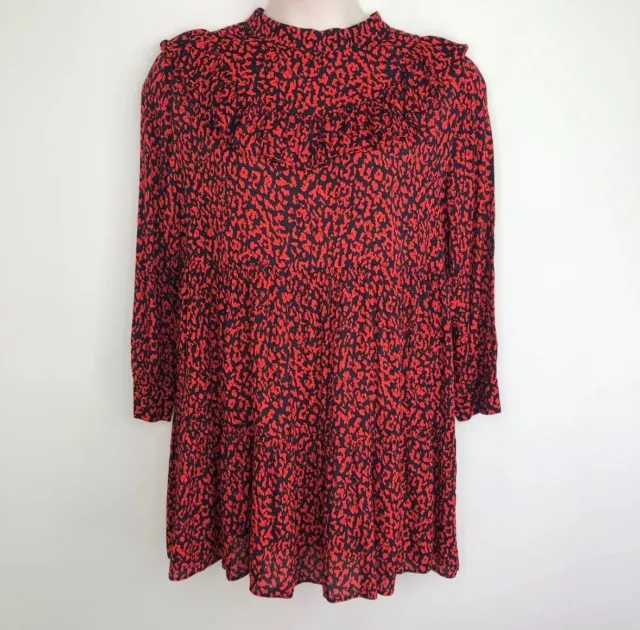 Zara Woman smock mini dress size large red black animal print long cuffed sleeve