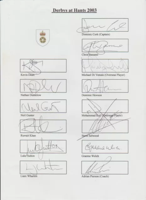 Derbyshire County Cricketers 2003 Original Hand Signed Team Sheet 14 X Sigs