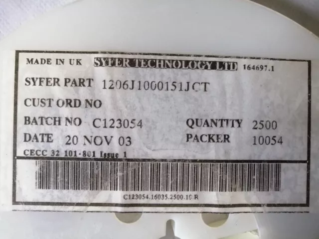 LOT OF 250pcs Syfer 1206J1000151JCT 150pF 100V 5% 1206 SMD Ceramic Capacitor
