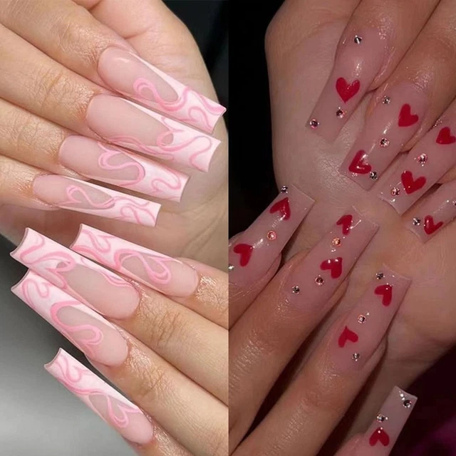 Cubierta de cristal prensado en uñas hágalo usted mismo bailarina francesa larga uñas falsas amor corazón