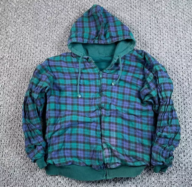 VTG Reversible Tartan Plaid Zip Hoodie Adult Medium Blue Green Sweatshirt